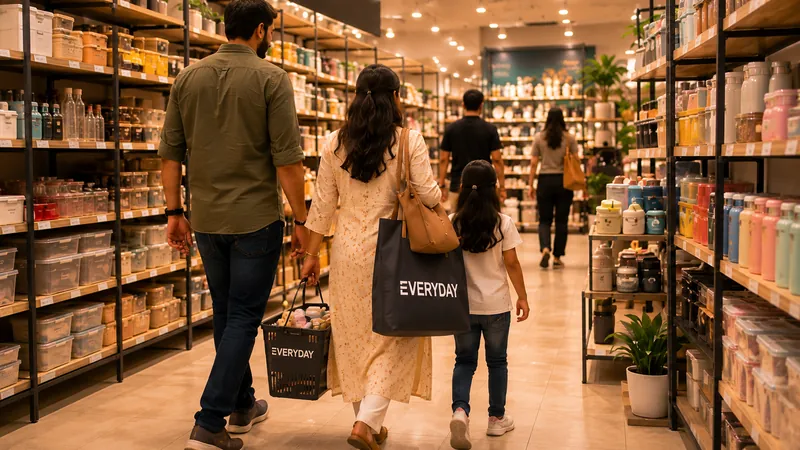 A family walking an EVERYDAY aisle with a branded bag and basket.