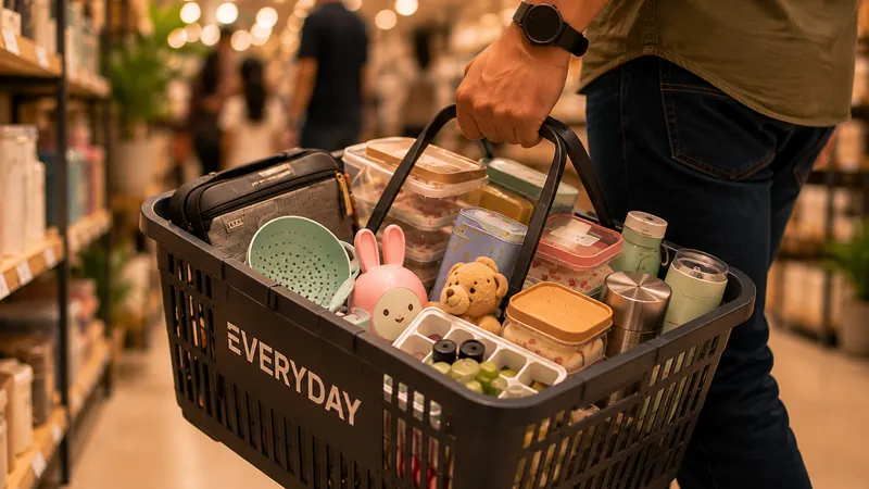 A shopper carrying a full EVERYDAY basket through the aisles.