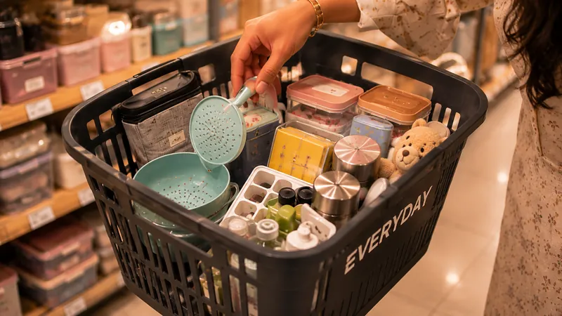 A shopping basket filled with a colander, containers, tins and a soft toy.