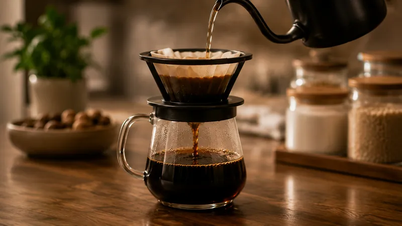 A glass pour-over coffee brewer filling on a wooden counter.