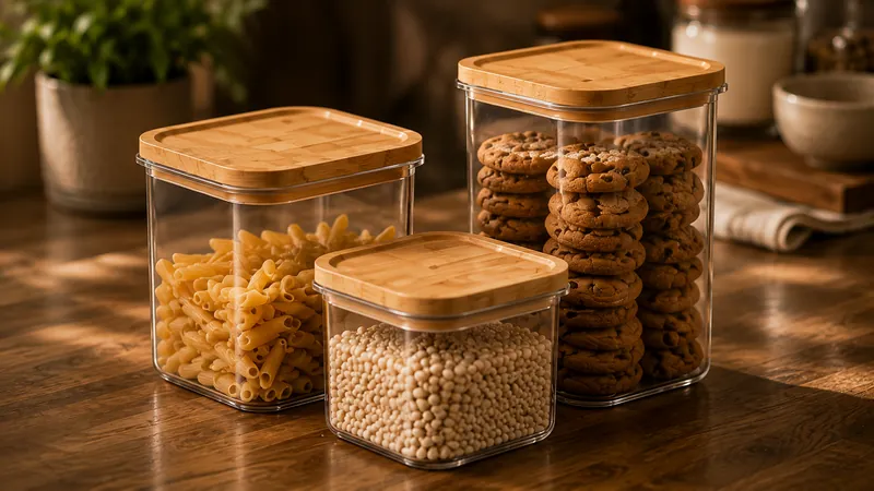 Three clear storage canisters with bamboo lids holding pasta and biscuits.