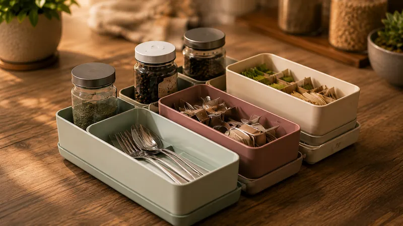 Pastel divided trays holding cutlery and spice jars.