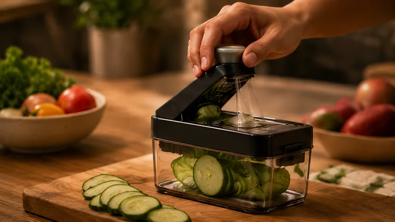 A hand pressing a vegetable slicer over a collection box of cucumber slices.