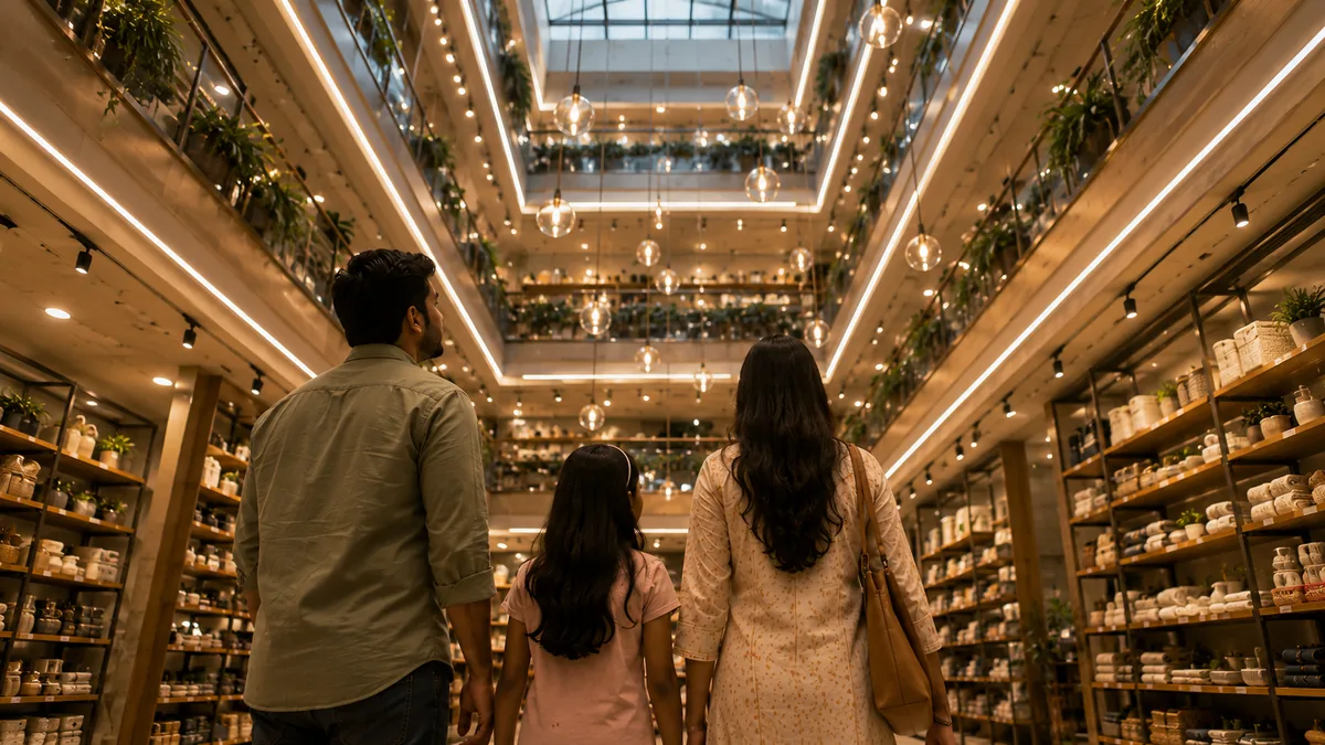 Looking up through the four-level atrium of the EVERYDAY store toward the skylight.