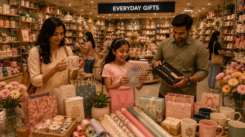A table of wrapping paper, gift bags and printed mugs in the gifts hall.