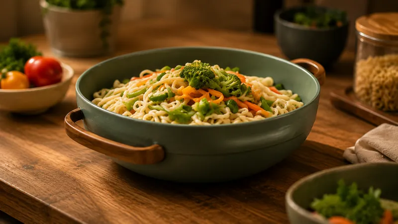 A sage-green pan of noodles and vegetables on a wooden counter.