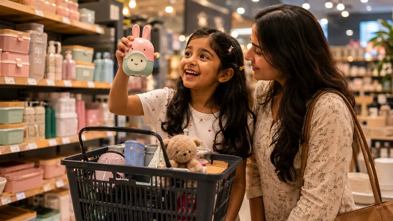 A child holding up a rabbit-shaped water bottle beside her mother.