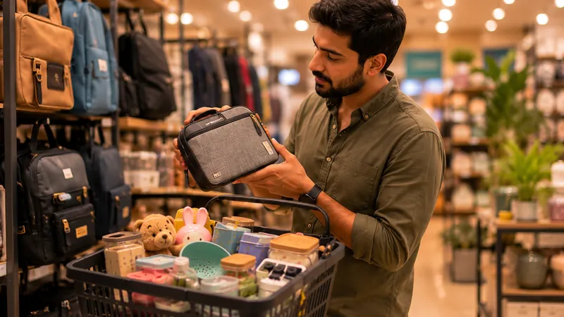 A shopper holding a padded travel sleeve, backpacks hanging behind him.